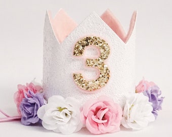 Third Birthday Crown with White, Pink and Purple Flowers, Photography Prop, Baby Girl Birthday Crown, Party Hat
