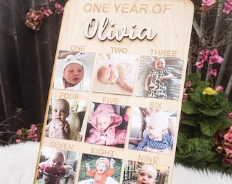 One Year of  Birthday Photo Board Party Supplies Wood Photo Memory Board One Year Wooden Photo Decor Monthly Milestones