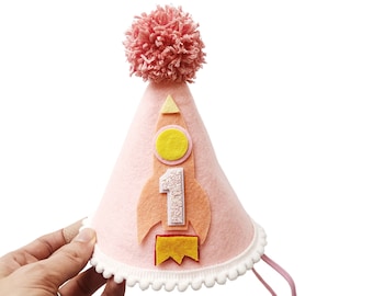 1st Birthday Hat, Large Dog Birthday Hat, Rocket Ship Party Hat, Birthday Felt Hat, Pet Party Hat, Pink Party Hat, Spaceship Birthday