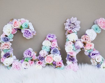 Flower Nursery Decor Letters, Floral Letter, Flower Letters, Girl Nursery Decor, Lavender Teal Pink Gold Nursery Decor, Nursery Name Sign