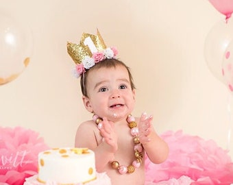 Second Birthday Crown For Girl, 2nd Birthday Crown Of Glitter, Birthday Hat, First Birthday Outfit, Pink and Gold, Girl Birthday, Floral, 2