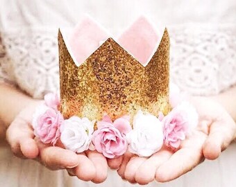 1st Birthday Crown, First Birthday Girl Outfit, First Birthday Crown, Birthday Hat, Birthday Girl Gift, Decorations Gold + Pink, Cake Topper