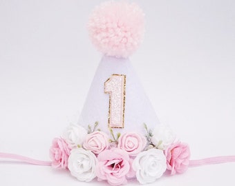 Girls 1st Birthday Floral Party Hat, Girls First Birthday Pink and White Party Hat, Garden Whimsical Birthday, Party Hat Kids