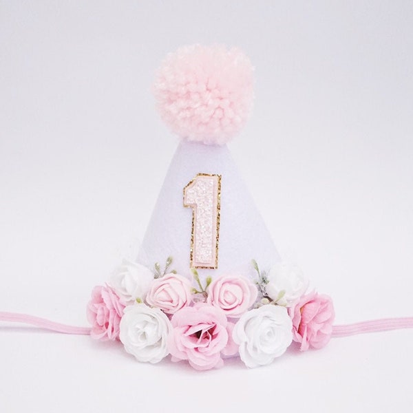 Girls 1st Birthday Floral Party Hat, Girls First Birthday Pink and White Party Hat, Garden Whimsical Birthday, Party Hat Kids