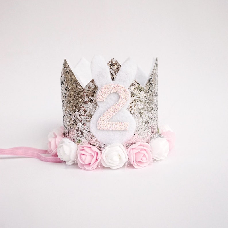 Birthday Crown, First Birthday Outfit Girl, First Birthday Crown, First Birthday Girl Outfit, 1st Birthday Crown, Silver Pink, Bunny Hat image 1