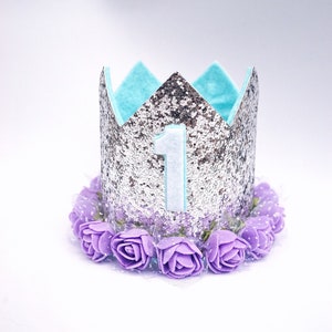 Birthday Crown Silver, 1st Birthday Girl Outfit for Cake Smash, Baby Girl First Birthday Outfit, 1st Birthday Hat, Silver Aqua Purple, Girl