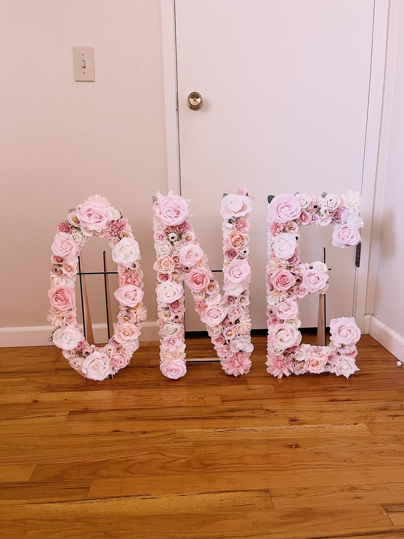 First Birthday Girl ONE Flower Letters, Pink and Gold Birthday Decorations, Floral Birthday Decor, Free Standing Birthday Letters Baby Girl image 2