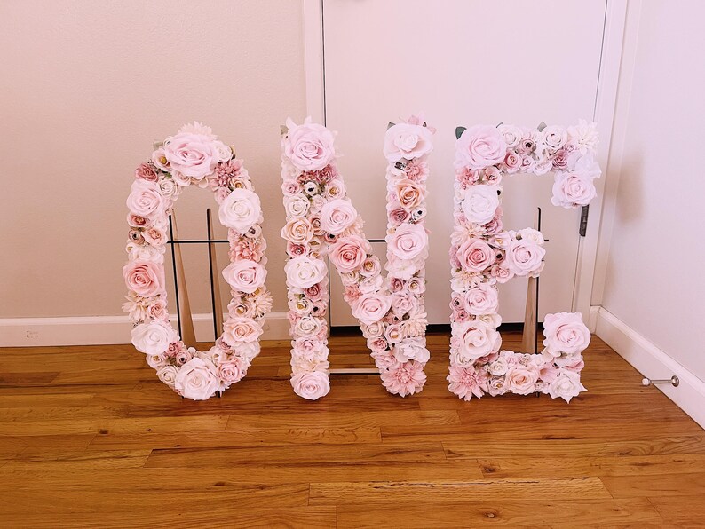 First Birthday Girl ONE Flower Letters, Pink and Gold Birthday Decorations, Floral Birthday Decor, Free Standing Birthday Letters Baby Girl image 5