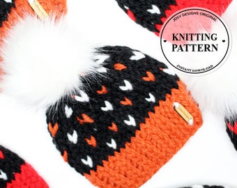 Knit Pattern, Fair Isle, Newborn Knit Hat, Winter Hat, Chunky Knit Hat, Fair Isle Knit Hat With Faux Pom Pom / Instant PDF Download