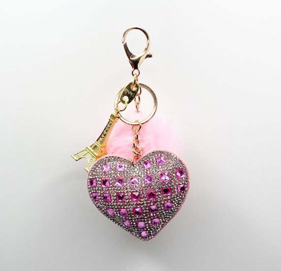 Faux Fur Pink Pom Pom Keychain With Heart 