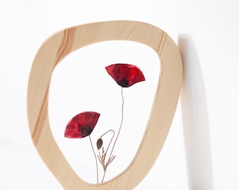 Pressed Flower Wall Art with Poppies, Organic Wood Frame, Single Frame or Set of 3