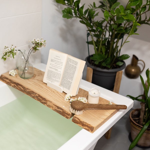 Bath caddy live edge - Oak Bath tray book holder - Bath tray for tub - Wooden bath rack  Bath tube tray  Caddy for bathtub  Bath caddy wood