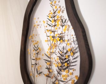 Large yellow mimosa wall art Set of wavy frames Wall decor pressed flower art Irregular herbarium frames Pressed flowers Asymmetrical frames