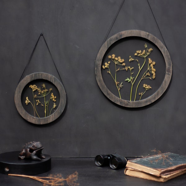 Wanddekor-Set - botanische Wandkunst gerahmt - Gepresste Blumenrahmen - Gepresste Blumenkunst - Runde Wanddekoration - Gerahmte Wandkunst - Über dem Bett Kunst