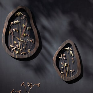 Wavy pressed flower art - Set of two - Asymmetrical pressed flower frame - herbarium frame - botanical wall art - Framed Botanicals