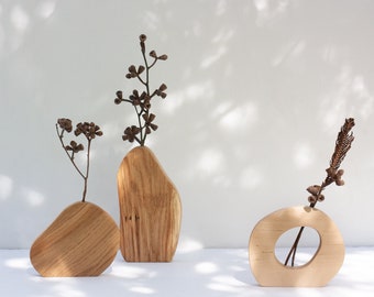 Geometric vase set - Oak wood vase set - Dried flower vase - Wall vase - Modern Bud Vase - Minimalist vase - Hanging vase - Wavy vase