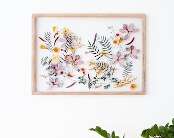 Très grande oeuvre d'art avec de vraies fleurs pressées - décoration murale 20 x 28 pouces - herbier - fleurs pressées - cadre flottant - décoration d'intérieur - cadre fleurs pressées