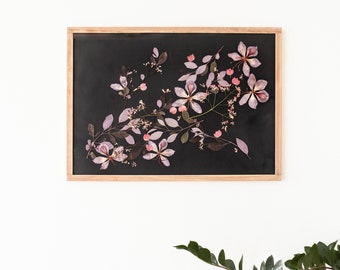 Summer nights - Extra Large Real Pressed flower art - Wall decor 20x28" - black background botanicals - Pressed Flowers Pressed Flower Frame