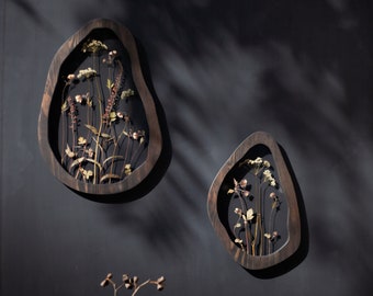 Wavy pressed flower art - Set of two - Asymmetrical pressed flower frame - herbarium frame - botanical wall art - Framed Botanicals