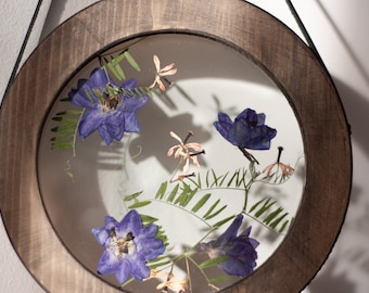 Round wall decor 8" - Pressed flower frame - Real flowers - Glass pressed flower frame - Round wooden frame - herbarium frame