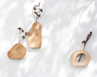 Conjunto de jarrones de pared - Jarrón geométrico - Conjunto de jarrones de madera de roble - Jarrón de flores secas - Jarrón de cogollos moderno - Jarrón minimalista - Jarrón colgante - Jarrón ondulado