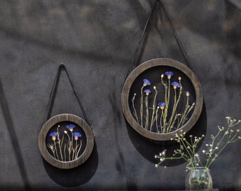 Round wall decor Set - Real Cornflowers Pressed flower frame - Glass pressed flower frame Round wooden frame - Pressed flower art Herbarium