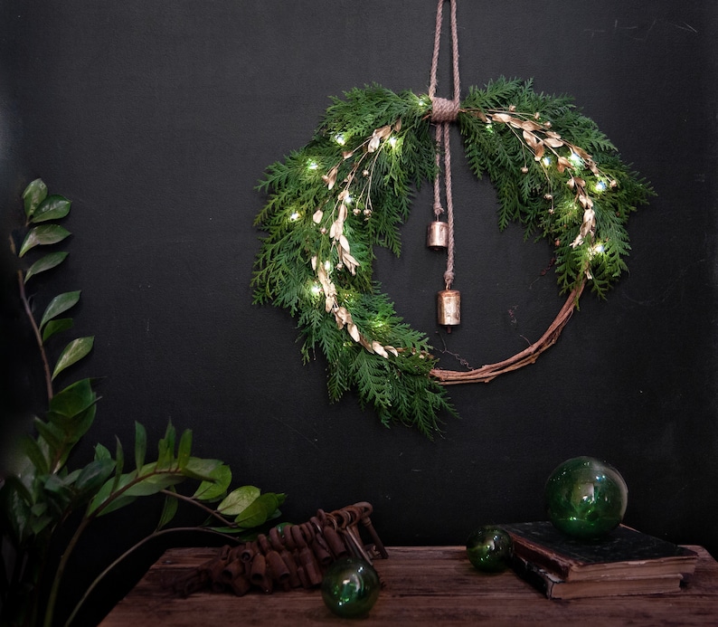 Christmas wreath with lights Real Cedar wreath Christmas Front door wreath Wall decor Holiday Season Decor Rustic Christmas image 2