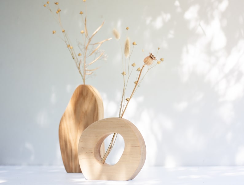 Wall Vase Set - Geometric vase - Oak wood vase set - Dry flower vase - Modern Bud Vase - Minimalist vase - Hanging vase - Wavy vase image 2