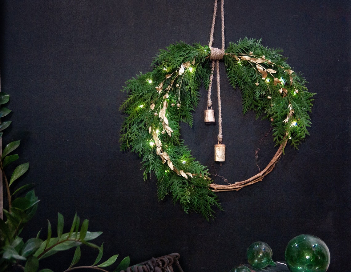 Christmas Wreath With Lights Real Cedar Wreath Christmas Etsy