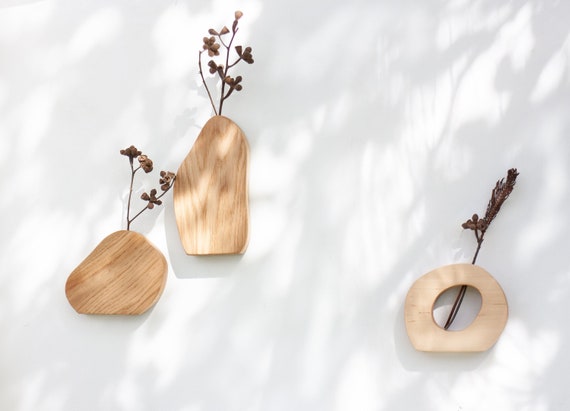 Wall Vase Set - Geometric vase - Oak wood vase set - Dry flower vase - Modern Bud Vase - Minimalist vase - Hanging vase - Wavy vase