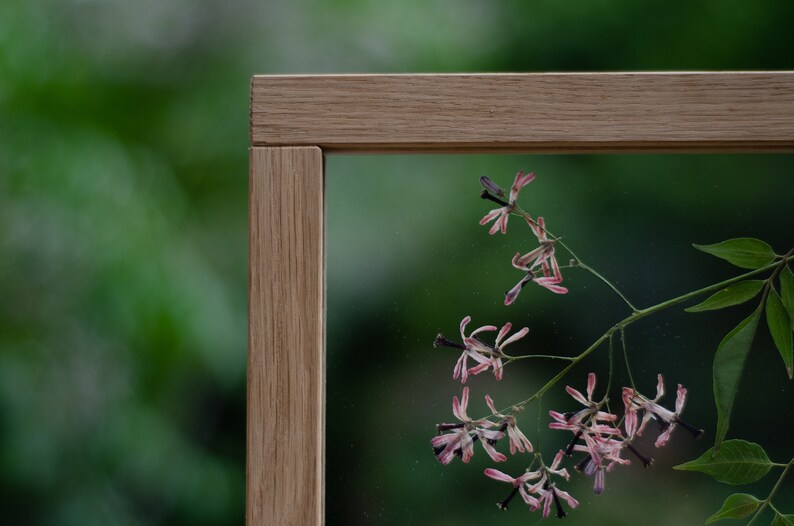 Pode incluir: Uma moldura de madeira com um painel de vidro transparente, mostrando um ramo delicado de flores cor-de-rosa com caules escuros. As flores s&atilde;o prensadas e preservadas dentro da moldura, criando uma obra de arte bot&acirc;nica.