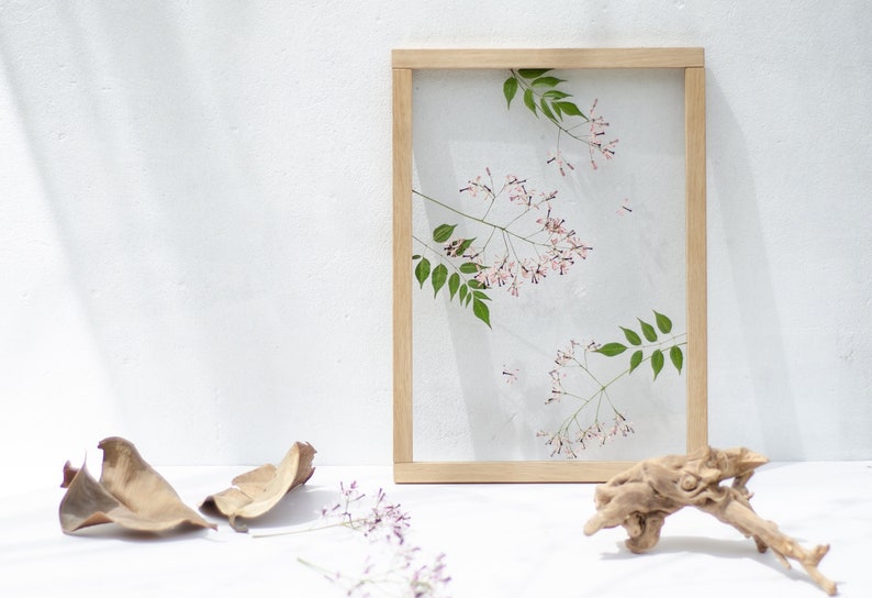 Pode incluir: Uma moldura de madeira com um design de flores prensadas. As flores s&atilde;o rosa e brancas, e as folhas s&atilde;o verdes. A moldura est&aacute; sobre uma superf&iacute;cie branca.