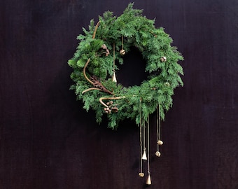 Christmas Front Door Wreath with Copper Bells, Artificial Cedar and Natural Cones