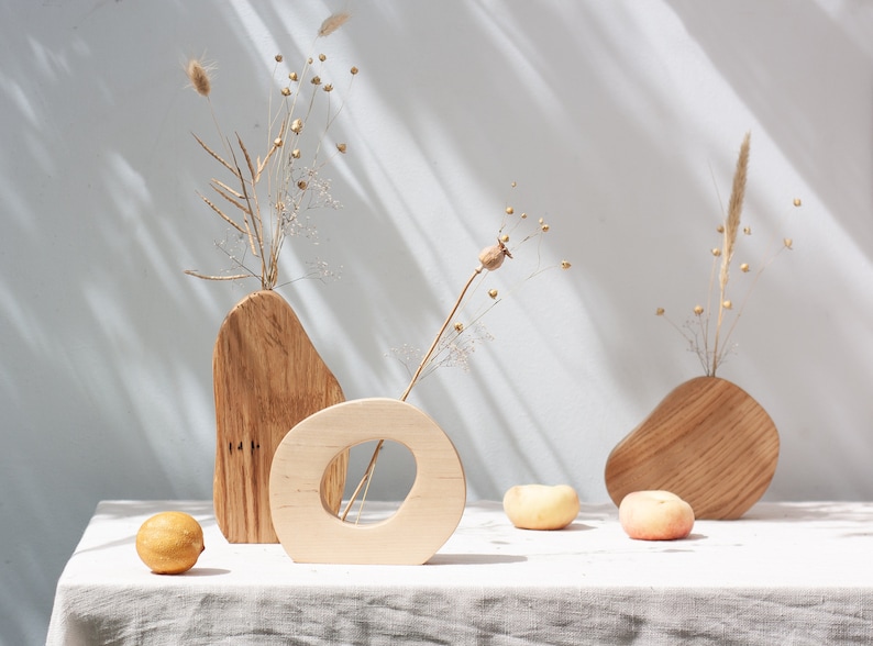 Wall Vase Set - Geometric vase - Oak wood vase set - Dry flower vase - Modern Bud Vase - Minimalist vase - Hanging vase - Wavy vase image 4