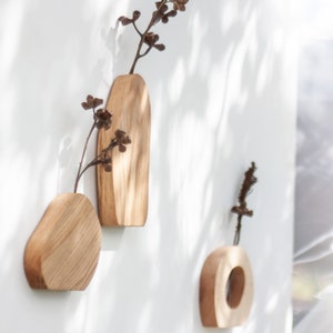Wall Vase Set - Geometric vase - Oak wood vase set - Dry flower vase - Modern Bud Vase - Minimalist vase - Hanging vase - Wavy vase image 9