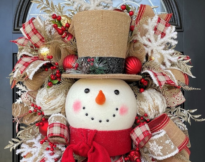 Snowman Wreath for Front Door, Christmas Wreaths Front Door, Farmhouse Christmas Wreath, Holiday