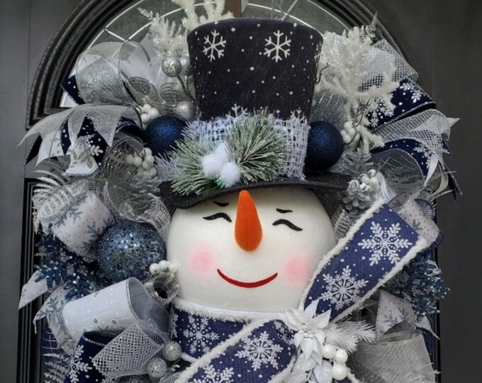 Blue Snowman Wreath, Christmas Wreaths Front Door, Blue Christmas Wreath, Christmas Decor