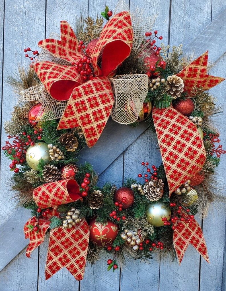 Christmas Wreath for Front Door / Red Gold Wreath / Front Door Etsy