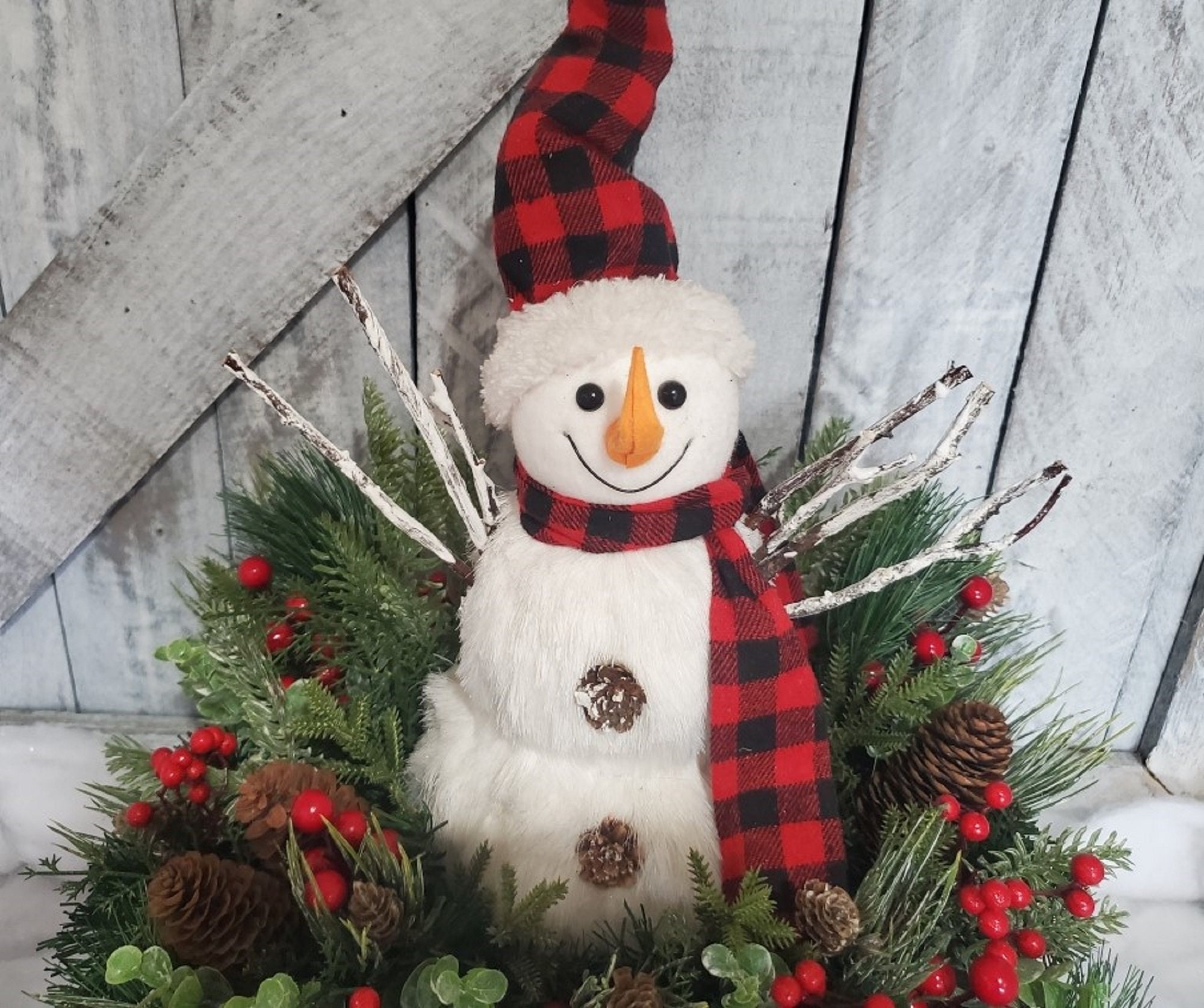 Buffalo Check Bow Rustic Farmhouse Melting Christmas Snowman Decor