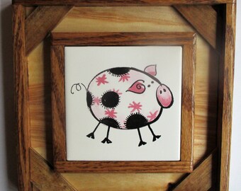 The Pink Pig, crazy animals, pig, wall hanging, decorative tile, tile art, framed art, tile wall decor, farm animal, custom tile, wood frame