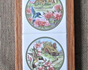 Hummingbirds, cottage, wall hanging, wall art, custom tile, decorative tile, framed tile, wall decor, ceramic tile, porcelain tile, birds