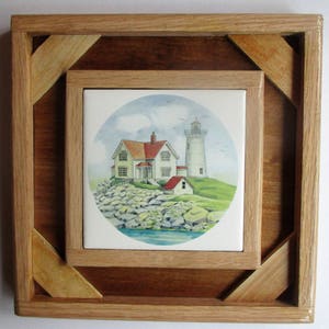 Cape Neddick, Maine, lighthouse, ocean, beach, decorative tile, tile wall decor, framed tile, custom tile, custom frame, bathroom decor, art