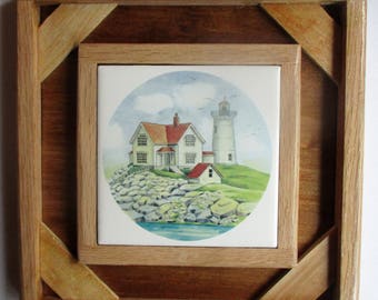 Cape Neddick, Maine, lighthouse, ocean, beach, decorative tile, tile wall decor, framed tile, custom tile, custom frame, bathroom decor, art