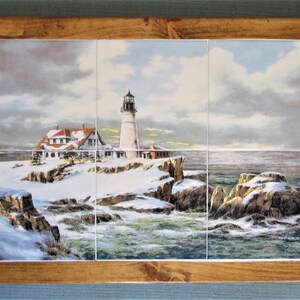 Snowy Lighthouse, framed artwork, framed tile, wall art, tile wall hanging, backsplash, bathroom decor, tile mural, decorative tile, tile