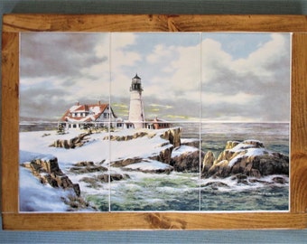 Snowy Lighthouse, framed artwork, framed tile, wall art, tile wall hanging, backsplash, bathroom decor, tile mural, decorative tile, tile