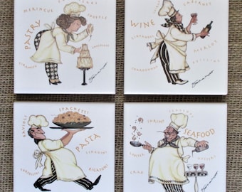 Chefs, tile coasters, ceramic tile, coasters, coaster set, ceramic, pasta, seafood, pastry, wine, Chef coasters