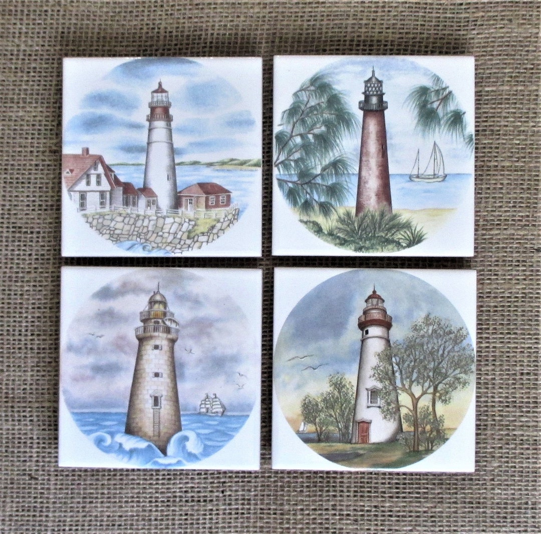 Lighthouse, Coaster Set, Ceramic Tile, Coasters, Beach Decor, Nautical