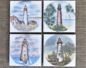 Lighthouse, coaster set, ceramic tile, coasters, beach decor, nautical, Minot's Ledge, Portland Light, Marblehead, OH, Currituck