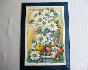 Daisies and Fruit, framed mural, tile mural, wall art, backsplash, decorative tile, shower, bath decor, daisy, fruit, mural, wall hanging