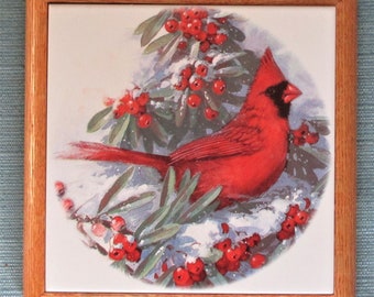 Cardinal with Berries, trivet, tile trivet, hot plate, wall art, wall hanging, tile mural, cheeseboard, decorative tile, cardinal, birds